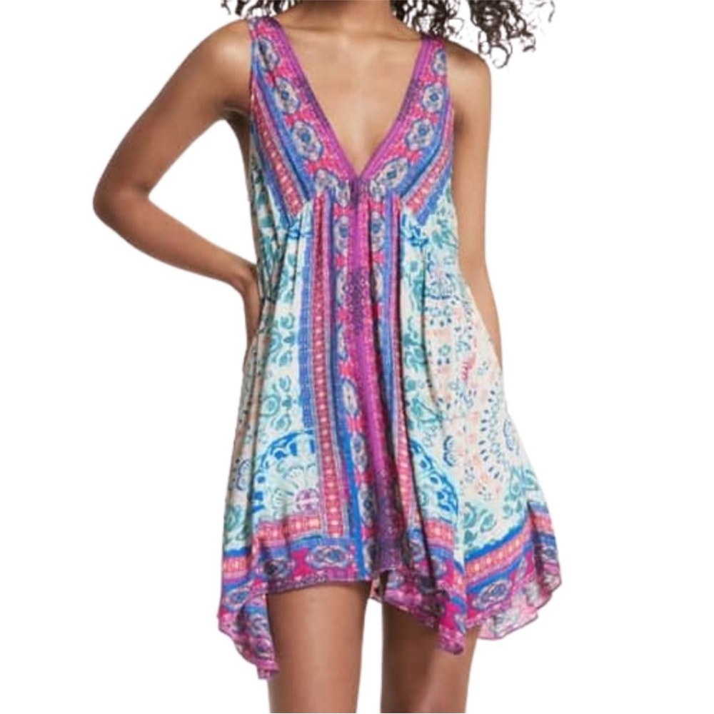 Free People Intimately Gypsy Floral Trapeze Swing Mini Slip Dress in Cream S